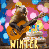 Animated birthday GIF showing a capybara playing guitar and singing beside a birthday cake with the name Winter in large letters and colorful bokeh lights in the background.