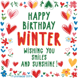 A colorful animated card for Winter’s birthday featuring playful hearts, cheerful flowers, and a handwritten message wishing smiles and sunshine.