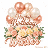 Animated Happy Birthday Winter greeting card with moving balloons and roses