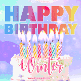 A vibrant animated name GIF with the words 'Happy Birthday Winter' with colorful candles on a creamy cake. The background sparkles with pastel shades, adding a festive touch.