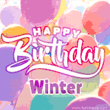 A vibrant name GIF featuring colorful balloons in shades of pink, orange, and yellow with the bold text 'Happy Birthday Winter' in festive fonts, creating a lively birthday vibe.