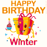 A vibrant and funny gift box character with a happy face dancing with a cupcake and the text 'Happy Birthday Winter,' surrounded by animated confetti and party vibes.