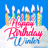 A cheerful animated GIF featuring colorful lit birthday candles on a white cake, with the text 'Happy Birthday Winter' in bold red and blue script on a bright blue background.
