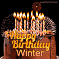 A rich chocolate cake topped with glowing birthday candles and surrounded by bright fireworks. The animated GIF displays the message 'Happy Birthday Winter' in golden text.