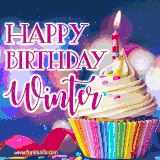 A festive animated GIF featuring a colorful cupcake with a single lit candle, sprinkles, and 'Happy Birthday Winter' text against a sparkling, celebratory background.