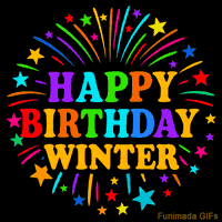 Vibrant animated GIF with 'Happy Birthday Winter' in rainbow-colored text, surrounded by colorful stars and fireworks on a black background.