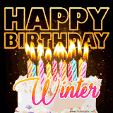 A vibrant animated GIF featuring a delicious birthday cake topped with glowing candles and the name 'Winter' in elegant script, and the words 'Happy Birthday' on the black background.