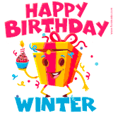 A funny animated birthday GIF with the words 'Happy Birthday Wintera', colorful gift box with arms and legs, holding a cupcake with a lit candle  with confetti everywhere.