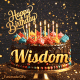 Happy Birthday Wisdom animated image showcasing a decorated chocolate cake on a pedestal with glowing candles.