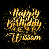 Animated GIF with colorful, festive 'Happy Birthday Wissam' text decorated with patterns, a party hat, and falling confetti. A vibrant and cheerful design for birthday celebrations.