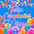 A vibrant animated GIF with 'Feliz Cumpleaños Wissam' written in colorful script, surrounded by balloons, confetti, and bunting on a bright blue background.