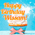A cheerful animated GIF of a cupcake with creamy frosting, a red checkered ribbon, and a bright sparkler on top. The text 'Happy Birthday Wissam!' is displayed in vibrant orange and red.