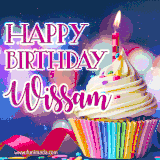 A festive animated GIF featuring a colorful cupcake with a single lit candle, sprinkles, and 'Happy Birthday Wissam' text against a sparkling, celebratory background.