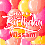 A vibrant birthday GIF featuring colorful balloons in shades of pink, yellow, and orange, with bold white and red text saying 'Happy Birthday Wissam.'