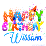Animated GIF with colorful, festive 'Happy Birthday Wissam' text decorated with patterns, a party hat, and falling confetti. A vibrant and cheerful design for birthday celebrations.