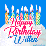 A cheerful animated GIF featuring colorful lit birthday candles on a white cake, with the text 'Happy Birthday Witten' in bold red and blue script on a bright blue background.