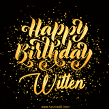 Animated GIF with colorful, festive 'Happy Birthday Witten' text decorated with patterns, a party hat, and falling confetti. A vibrant and cheerful design for birthday celebrations.