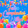 A vibrant animated GIF with 'Feliz Cumpleaños Witten' written in colorful script, surrounded by balloons, confetti, and bunting on a bright blue background.