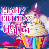 A festive animated GIF featuring a colorful cupcake with a single lit candle, sprinkles, and 'Happy Birthday Witten' text against a sparkling, celebratory background.