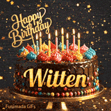 A personalized greeting card for Witten featuring a chocolate cake with colorful toppings on a sparkly starry background.