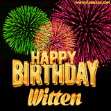 A captivating GIF with bursts of green, pink, and orange fireworks lighting up the night sky, accompanied by 'Happy Birthday Witten' in glowing golden text.