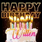 A vibrant animated GIF featuring a delicious birthday cake topped with glowing candles and the name 'Witten' in elegant script, and the words 'Happy Birthday' on the black background.