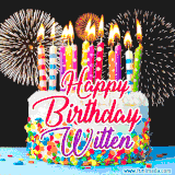 A lively happy birthday animated GIF showcasing a colorful birthday cake covered in sprinkles, topped with glowing candles, and surrounded by vibrant fireworks. The name 'Witten' is featured in elegant script.