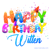 Animated GIF with colorful, festive 'Happy Birthday Witten' text decorated with patterns, a party hat, and falling confetti. A vibrant and cheerful design for birthday celebrations.