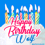 A cheerful animated GIF featuring colorful lit birthday candles on a white cake, with the text 'Happy Birthday Wolf' in bold red and blue script on a bright blue background.