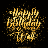 Animated GIF with colorful, festive 'Happy Birthday Wolf' text decorated with patterns, a party hat, and falling confetti. A vibrant and cheerful design for birthday celebrations.