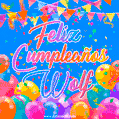 A vibrant animated GIF with 'Feliz Cumpleaños Wolf' written in colorful script, surrounded by balloons, confetti, and bunting on a bright blue background.