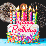 A lively happy birthday animated GIF showcasing a colorful birthday cake covered in sprinkles, topped with glowing candles, and surrounded by vibrant fireworks. The name 'Wolf' is featured in elegant script.