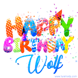 Animated GIF with colorful, festive 'Happy Birthday Wolf' text decorated with patterns, a party hat, and falling confetti. A vibrant and cheerful design for birthday celebrations.