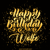Animated GIF with colorful, festive 'Happy Birthday Wolfe' text decorated with patterns, a party hat, and falling confetti. A vibrant and cheerful design for birthday celebrations.