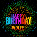 A colorful animated GIF featuring the text 'Happy Birthday Wolfe!' in rainbow colors with a dynamic iridescent firework display in the background.