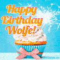A cheerful animated GIF of a cupcake with creamy frosting, a red checkered ribbon, and a bright sparkler on top. The text 'Happy Birthday Wolfe!' is displayed in vibrant orange and red.