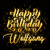 Animated GIF with colorful, festive 'Happy Birthday Wolfgang' text decorated with patterns, a party hat, and falling confetti. A vibrant and cheerful design for birthday celebrations.
