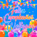 A vibrant animated GIF with 'Feliz Cumpleaños Wolfgang' written in colorful script, surrounded by balloons, confetti, and bunting on a bright blue background.