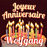 A Happy Birthday GIF in French featuring a festive birthday cake adorned with bright candles and the glowing text 'Joyeux Anniversaire Wolfgang' in a cheerful style.