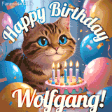 A playful tabby cat sits behind a colorful birthday cake surrounded by balloons and confetti, with 'Happy Birthday Wolfgang!' written above in festive letters.