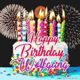 A lively happy birthday animated GIF showcasing a colorful birthday cake covered in sprinkles, topped with glowing candles, and surrounded by vibrant fireworks. The name 'Wolfgang' is featured in elegant script.