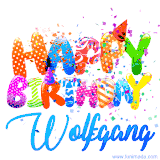Animated GIF with colorful, festive 'Happy Birthday Wolfgang' text decorated with patterns, a party hat, and falling confetti. A vibrant and cheerful design for birthday celebrations.