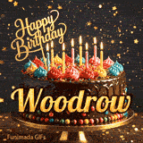 Festive chocolate cake GIF with the name Woodrow written on the dark glaze under flickering candles.