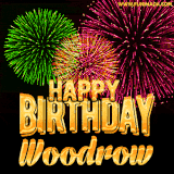 A captivating GIF with bursts of green, pink, and orange fireworks lighting up the night sky, accompanied by 'Happy Birthday Woodrow' in glowing golden text.