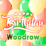 Animated GIF featuring colorful balloons in the background with the cheerful text 'Happy Birthday Woodrow'.