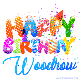 Animated GIF with colorful, festive 'Happy Birthday Woodrow' text decorated with patterns, a party hat, and falling confetti. A vibrant and cheerful design for birthday celebrations.