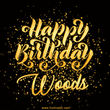 Animated GIF with colorful, festive 'Happy Birthday Woods' text decorated with patterns, a party hat, and falling confetti. A vibrant and cheerful design for birthday celebrations.