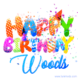 Animated GIF with colorful, festive 'Happy Birthday Woods' text decorated with patterns, a party hat, and falling confetti. A vibrant and cheerful design for birthday celebrations.