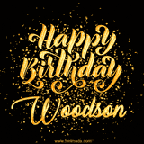 Animated GIF with colorful, festive 'Happy Birthday Woodson' text decorated with patterns, a party hat, and falling confetti. A vibrant and cheerful design for birthday celebrations.