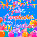 A vibrant animated GIF with 'Feliz Cumpleaños Woodson' written in colorful script, surrounded by balloons, confetti, and bunting on a bright blue background.